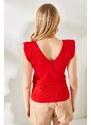 Olalook Women's Red Knitwear With Shoulders And Skirt Detailed Front Back V-Shirt