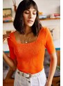 Olalook Women's Orange Square Neck Waist Top Knitwear Blouse