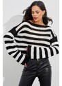 Cool & Sexy Women's Ecru-Black Spanish Sleeve Openwork Knitwear Short Blouse YV109