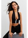 Cool & Sexy Women's Black Tie Neck Crop Blouse