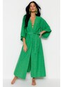 Trendyol Green Belted Maxi Woven Linen Look Kimono & Kaftan