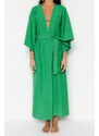 Trendyol Green Belted Maxi Woven Linen Look Kimono & Kaftan