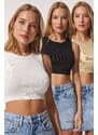 Happiness İstanbul Crew Neck Summer Crop Knitwear 3-Piece Set