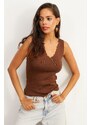 Cool & Sexy Women's Brown Ladder Collar Knitwear Blouse YV83