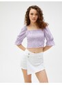 Koton Crop T-Shirt Gippes Square Collar with Balloon Sleeves