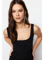 Trendyol Black Tulle Detailed Fitted Crop Square Neck Crepe Knitted Bustier