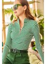 Olalook Women's Thick Striped Grass Zipper Turtleneck Lycra Blouse