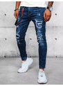 BASIC Tmavě modré pánské džíny s oděrkami Denim vzor