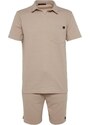 Trendyol Camel Regular/Normal Fit Textured Fabric Labeled Polo Neck Tracksuit Set