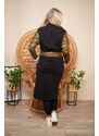 Meera Design Lehký rozevlátý kabát Gemer / Černá počesaná teplákovina /rukávy a pásek khaki eko kůže