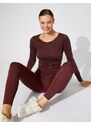 Koton Crop Yoga T-Shirt Twirl Detailed Long Sleeve Modal Blended Silky Textured