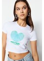 Trendyol White Heart Printed Fitted/Simple Crop Crew Neck Cotton Stretch Knitted T-Shirt