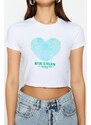 Trendyol White Heart Printed Fitted/Simple Crop Crew Neck Cotton Stretch Knitted T-Shirt