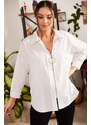 armonika Women's White Loose Zippered Shirt