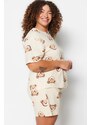 Trendyol Curve Ecru Teddy Bear Printed Cotton Knitted Pajamas Set