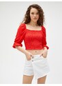 Koton Crop T-Shirt Gippes Square Collar with Balloon Sleeves