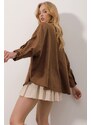 Trend Alaçatı Stili Women's Brown Crochet Shirt with Pocket, Textured Linen