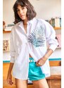 Olalook Women's White Palm Sequin Detailed Oversized Woven Poplin Shirt