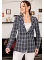 armonika Women's Navy Blue One-Button Plaid Jacket