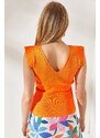 Olalook Women's Orange Sweatshirt And Skirt Detailed Front Back V Knitwear Blouse