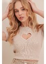 Trend Alaçatı Stili Women's Stone Crew Neck Heart Embroidery Half Sleeves Corduroy Camisole Crop Blouse