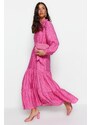 Trendyol Pink Belted Skirt With Flounces Floral Pattern Lined Woven Dress