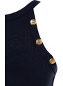 Trendyol Navy Blue Gold Button Detailed Fitted Barter Neck Crop Smart Knitted Blouse