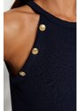 Trendyol Navy Blue Gold Button Detailed Fitted Barter Neck Crop Smart Knitted Blouse