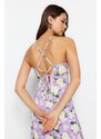 Trendyol Šeřík Květinový vzor řasení Detailní A-Linie Midi Srdcový výstřih Ramínka, Flexibilní pletené šaty