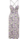 Trendyol Šeřík Květinový vzor řasení Detailní A-Linie Midi Srdcový výstřih Ramínka, Flexibilní pletené šaty