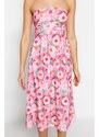 Trendyol Pink Floral Strapless Belted Crepe Midi Knitted Dress