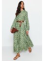 Trendyol Green Floral Patterned Lined Woven Dress with a Belt and Ruffles