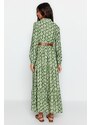 Trendyol Green Floral Patterned Lined Woven Dress with a Belt and Ruffles