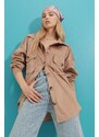 Trend Alaçatı Stili Women's Beige Velvet Cotton Double Pocket Oversized Jacket Shirt