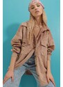 Trend Alaçatı Stili Women's Beige Velvet Cotton Double Pocket Oversized Jacket Shirt