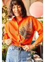 Olalook Women's Orange Palm Sequin Detailed Oversized Woven Poplin Shirt