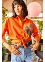 Olalook Women's Orange Palm Sequin Detailed Oversized Woven Poplin Shirt