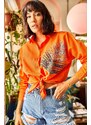 Olalook Women's Orange Palm Sequin Detailed Oversized Woven Poplin Shirt