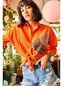 Olalook Women's Orange Palm Sequin Detailed Oversized Woven Poplin Shirt