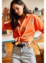 Olalook Women's Orange Woven Boyfriend Shirt with Sequin Detail