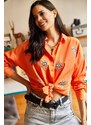 Olalook Women's Orange Woven Boyfriend Shirt with Sequin Detail