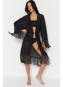 Trendyol Black Belted Maxi Knitted Tasseled Kimono & Kaftan