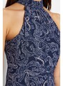 Trendyol Navy Blue Halterneck Printed Tulle Midi Dress