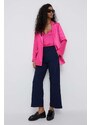 Kalhoty Polo Ralph Lauren dámské, tmavomodrá barva, široké, high waist