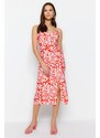 Trendyol Red Straight Cut Midi Floral Pattern Woven Dress