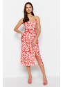 Trendyol Red Straight Cut Midi Floral Pattern Woven Dress