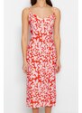 Trendyol Red Straight Cut Midi Floral Pattern Woven Dress