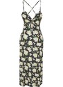 Trendyol Černý Květinový Vzor Nařasený A-Linie Midi Srdcový výstřih Ramínka, Flexibilní Pletené šaty