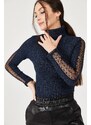 armonika Women's Navy Blue Neck Sleeves Lace Detailed Knitwear Sweater