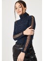 armonika Women's Navy Blue Neck Sleeves Lace Detailed Knitwear Sweater